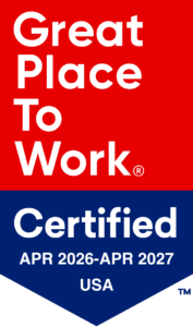 Great Place To Work Certified badge: red top, blue bottom, dates Apr 2026–Apr 2027, USA